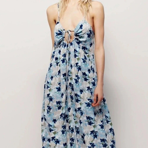 Free People Mulberry Floral Boho Blue Maxi Dress Size Small - Picture 1 of 12